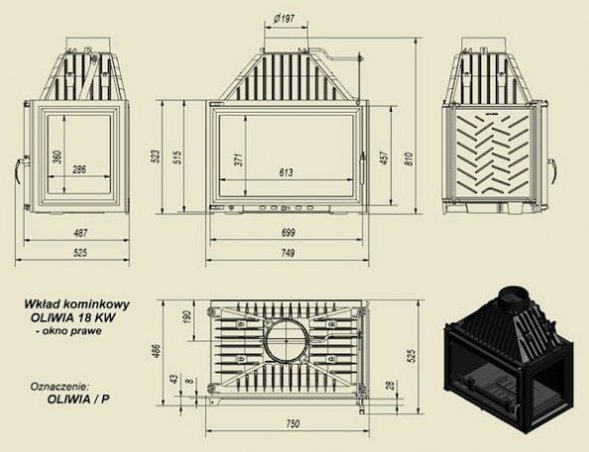 Каминная топка Kratki OLIWIA/P, стекло справа