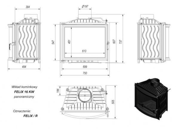 Каминная топка Kratki FELIX/R, панорамное стекло