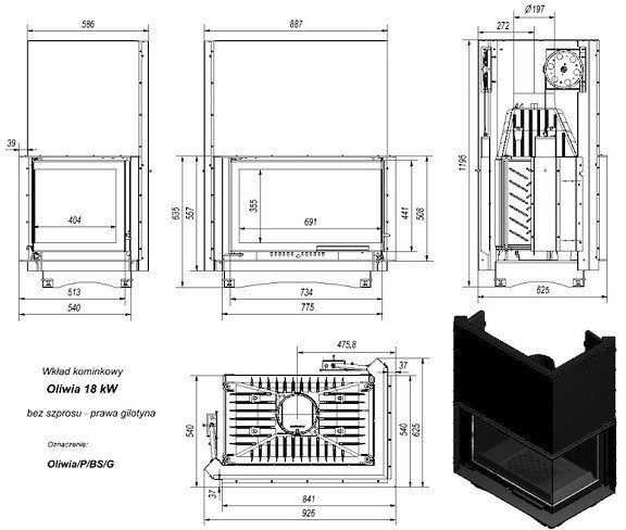 Топка Kratki OLIWIA/P/BS/G, Г-образное стекло справа, гильотина