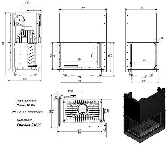 Топка Kratki OLIWIA/L/BS/G, Г-образное стекло слева, гильотина