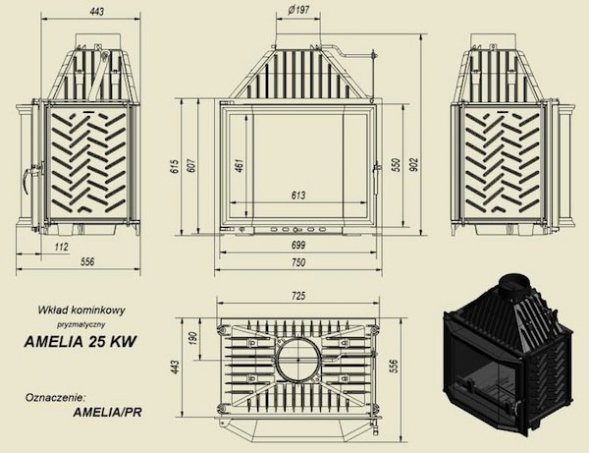 Каминная топка Kratki AMELIA/PR, призматическое стекло