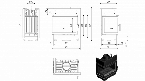 Топка Kratki MAJA/L/BS, Г-образное стекло слева