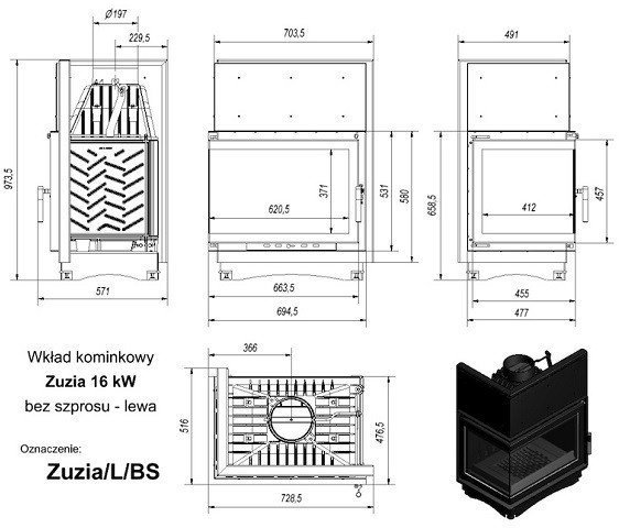 Топка Kratki ZUZIA/L/BS, Г-образное стекло слева