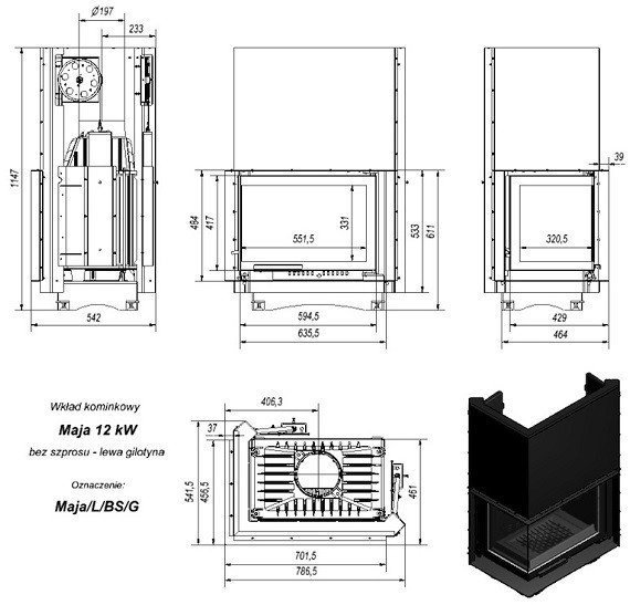 Топка Kratki MAJA/L/BS/G, Г-образное стекло слева, гильотина