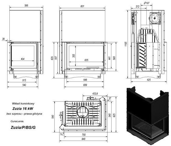 Топка Kratki ZUZIA/P/BS/G, Г-образное стекло справа, гильотина