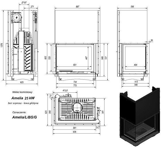 Топка Kratki AMELIA/L/BS/G, Г-образное стекло слева, гильотина