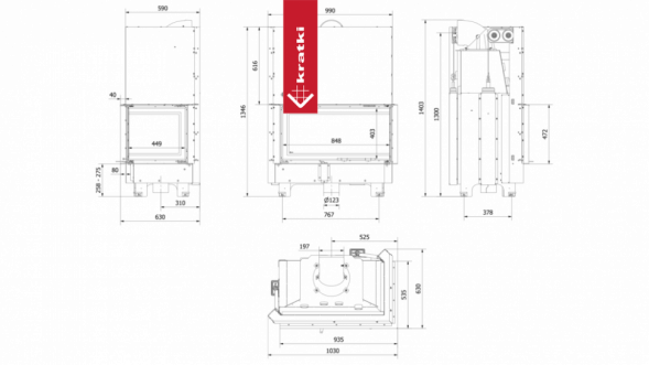 Топка Kratki PRO NADIA/14/P/BS/G, Г-образное стекло справа, гильотина