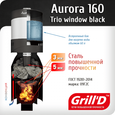 Печь для бани Grill&#039;D Aurora 160A Trio Window black