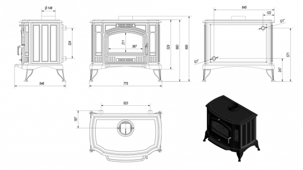 Печь-камин Kratki Koza K9 W (c вод.контуром)